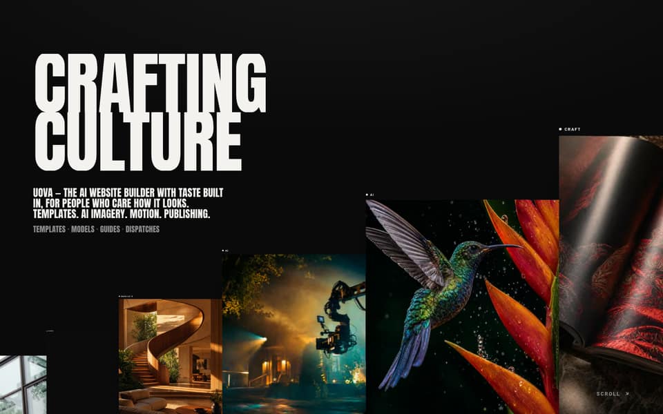 The UOVA blog cover: the headline “Crafting culture” beside a staggered row of images, among them a hummingbird and a camera crane.