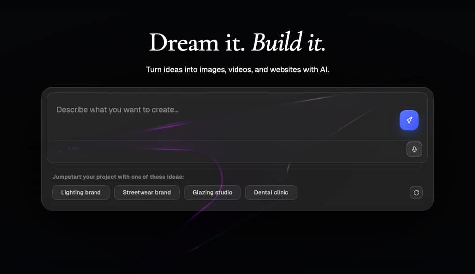 UOVA’s home page: the headline “Dream it. Build it.” above a prompt box that reads “Describe what you want to create…”, with starter ideas such as Lighting brand and Dental clinic.